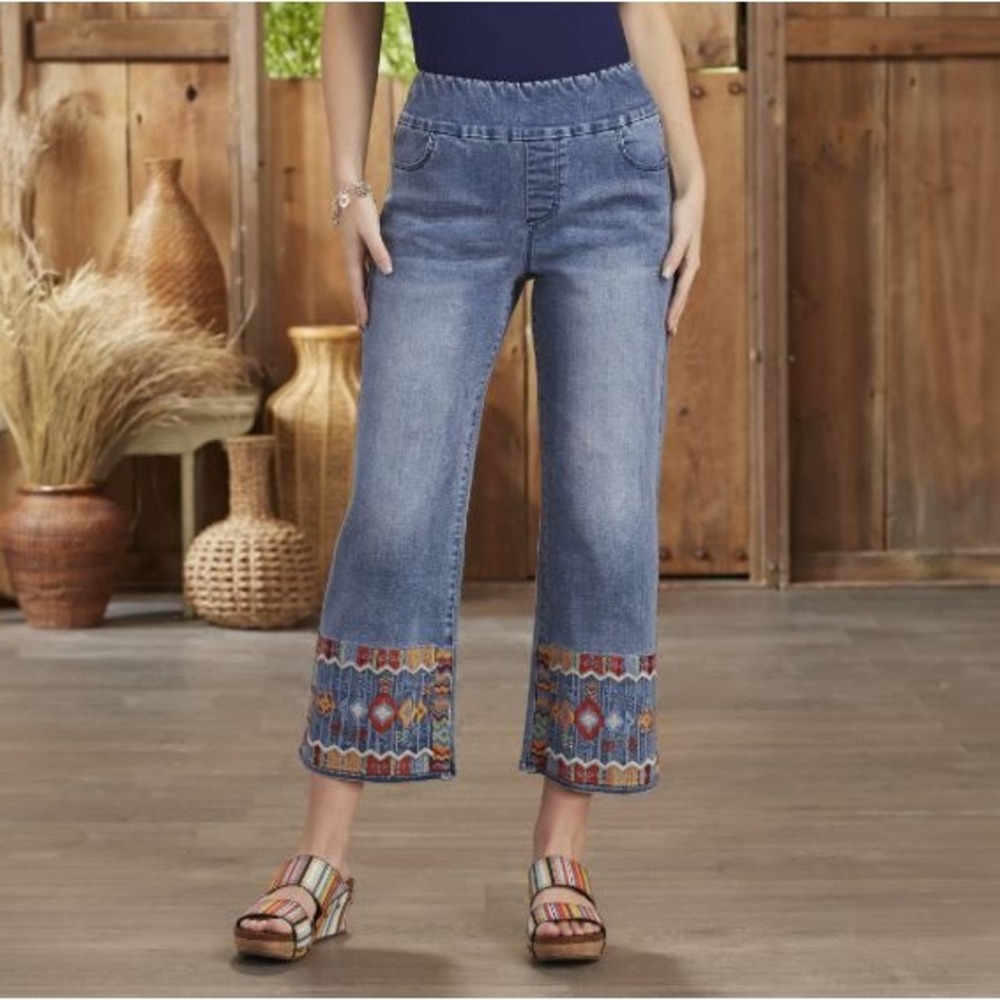 Back In The Saddle Embroidered Crop Jeans Medium Wash Pull On Denim Womens L